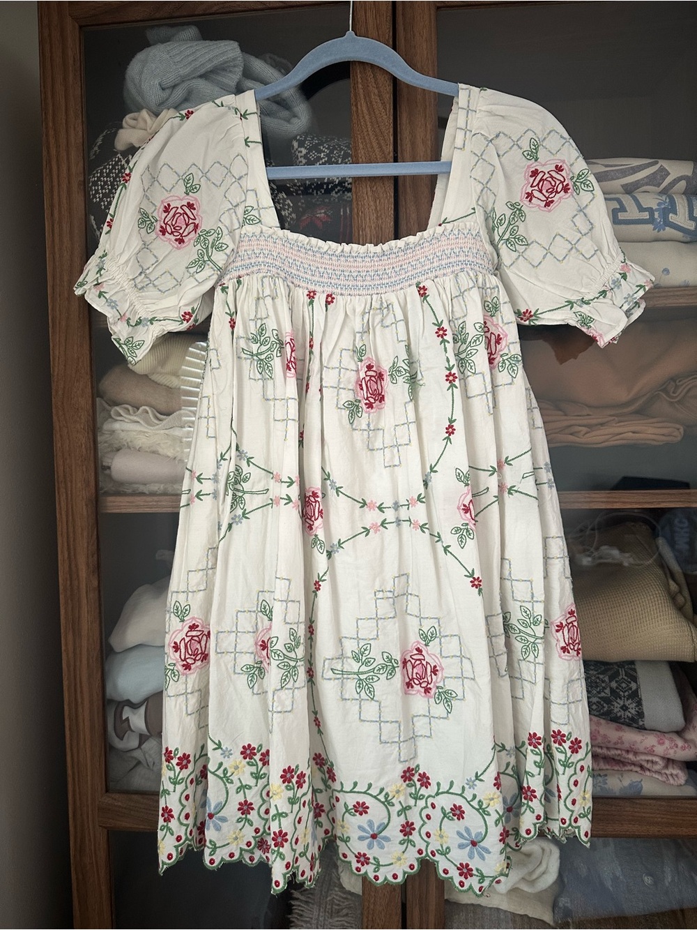 Ivory Embroidered Floral Smocked Mini Dress - Picture 3 of 6